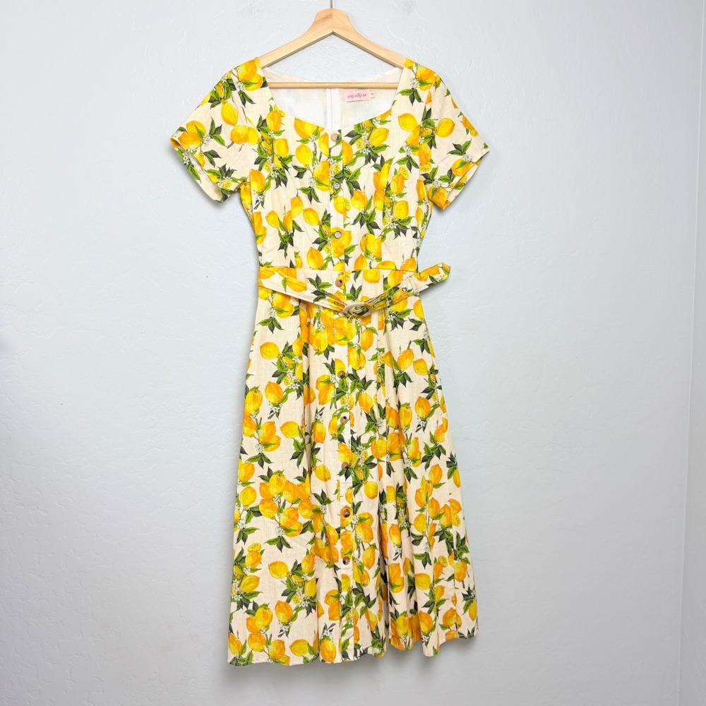Ivy City Co Lemon Print Cotton Midi Dress Yellow Cream Button Front Belted 4